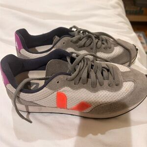 Veja Gray Suede & Mesh Sneakers with Orange Logo and Purple Heel Tab
